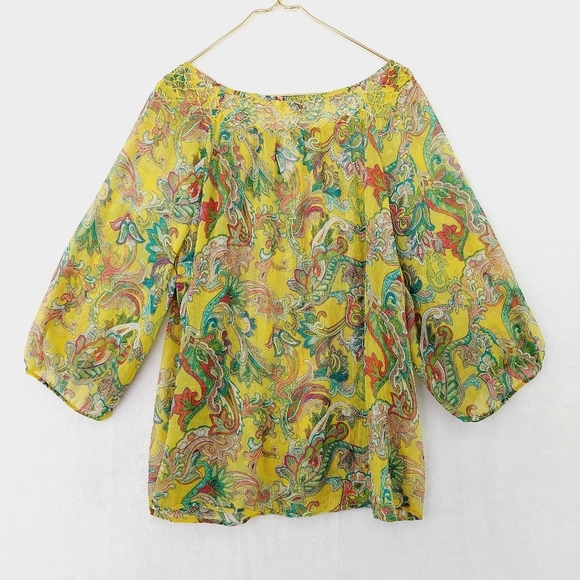 Charter Club Yellow Sheer Embroidered Neck 3/4 Sleeve Floral Pattern Top P2009 - Picture 6 of 7